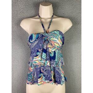 Kenneth Cole Swim Reaction Top Tankini Womens Size Small‎ Ruffle Halter Blue